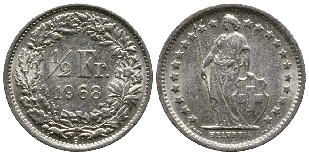 Швейцария 1/2 франка 1968 В KM 23а.1 медно-никель 220-441