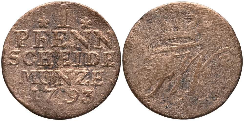 ПРУССИЯ 1 ПФЕННИГ 1793 А, ФРИДРИХ ВИЛЬГЕЛЬМ II (1786-1797) KM 353 медь 116-669