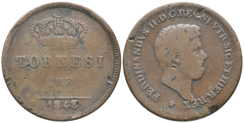 ИТАЛИЯ, НЕАПОЛЬ И СИЦИЛИЯ 2 ТОРНЕЗИ 1848 ФЕРДИНАНД II (1830-1859) KM 145a медь 32-544