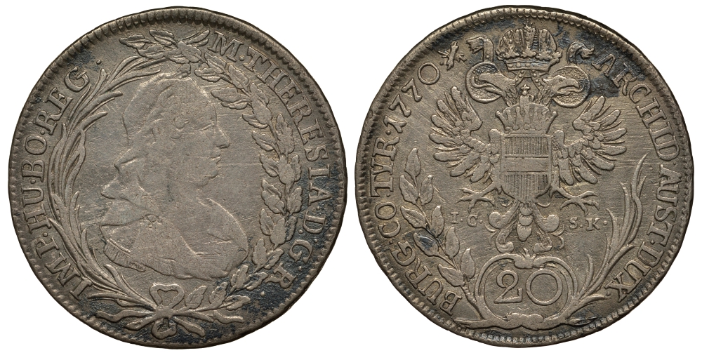 АВСТРИЯ 20 КРЕЙЦЕРОВ 1770 В, IK-SK, МАРИЯ ТЕРЕЗА (1740-1780) KM 1999 серебро 272-135