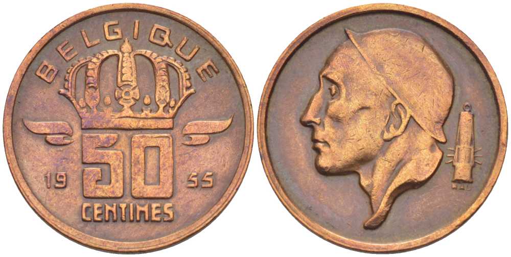 БЕЛЬГИЯ 50 САНТИМОВ 1955 BELGIQUE, БОДУЭН I (1951-1993) KM 144 бронза 214-635