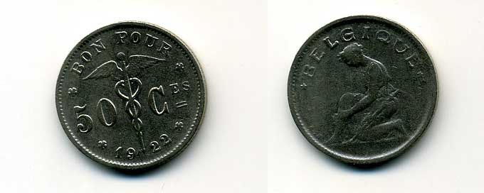 Бельгия 50 сантимов 1922 Belgique, Альберт I (1910-1934) KM 87 никель 37-227