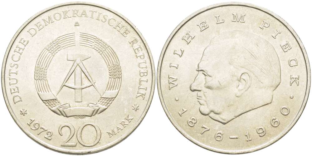ГДР 20 марок 1972 А, Вильгельм Пик (1876-1960) KM 42 медно-никель 4521-514