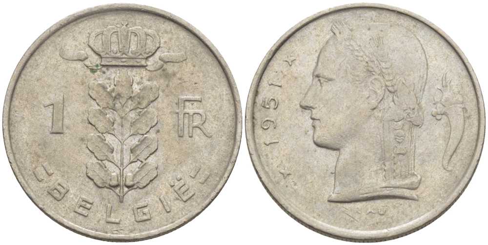 БЕЛЬГИЯ 1 ФРАНК 1951 BELGIE, БОДУЭН I (1951-1993) KM 143.1 медно-никель 119-534