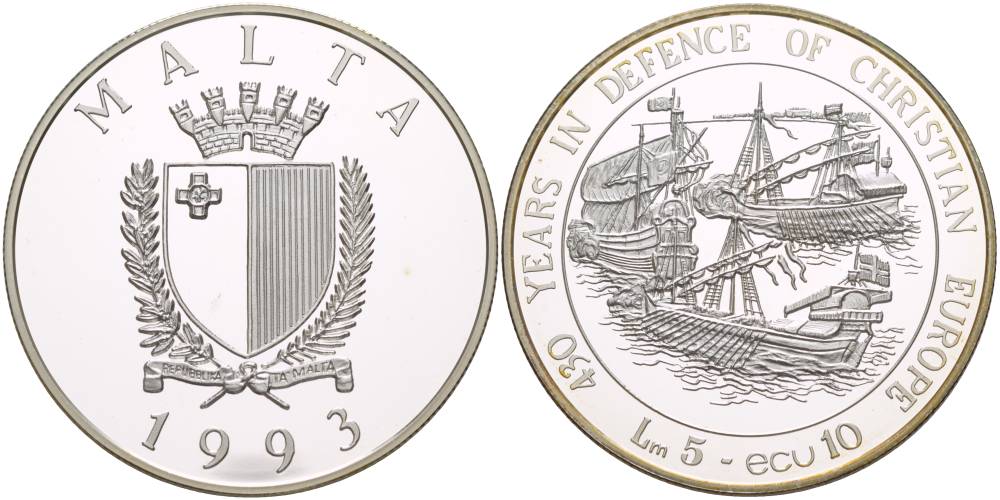 Мальта 5 лир (10 экю) 1993 430 лет защите христианства в Европе, парусник, цена по каталогу 100 $ KM 104 серебро PROOF 00-00