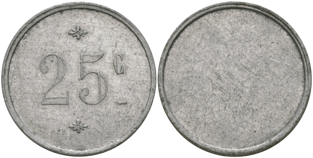 ФРАНЦИЯ 25 САНТИМОВ ND ПЛАТЕЖНЫЙ ЖЕТОН НАЧАЛА XX ВЕКА, ОДНОСТОРОННИЙ ЧЕКАН, ЦИФРЫ НОМИНАЛА 8 ММ., ДИАМЕТР 24 ММ. алюминий 98-941