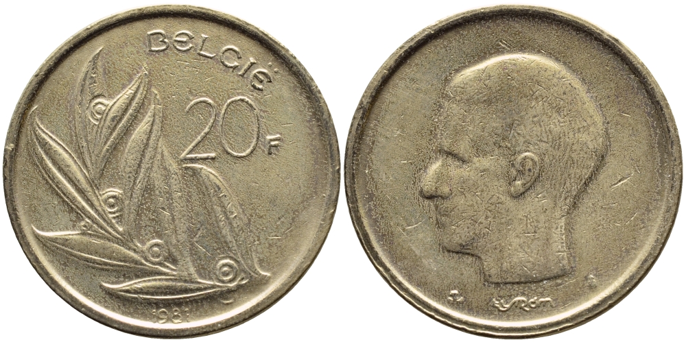 БЕЛЬГИЯ 20 ФРАНКОВ 1981 BELGIE KM 160 никель бронза 75-1753