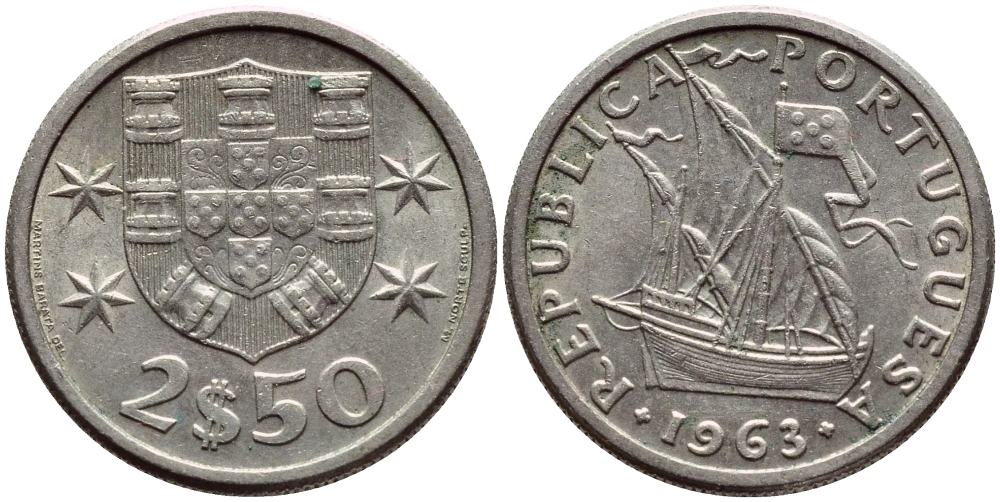 Португалия 2,5 эскудо 1963 парусник KM 590 медно-никель XF 4396-135