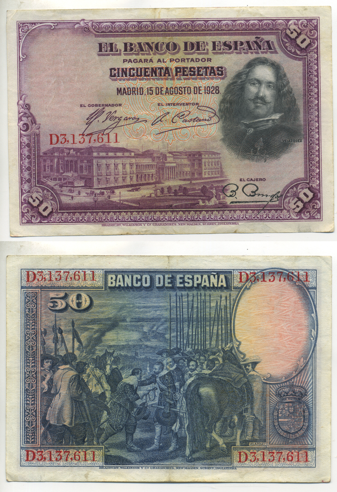 ИСПАНИЯ 50 ПЕСЕТ 1928 D 3137611, МУЗЕЙ ПРАДО В МАДРИДЕ, ДИЕГО ВЕЛАСКЕС Pick 75b бумага 6287-48-1-2