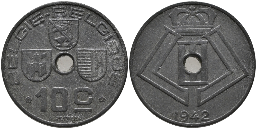 БЕЛЬГИЯ 10 САНТИМОВ 1942 BELGIE-BELGIQUE, ГЕРМАНСКАЯ ОККУПАЦИЯ, ВТОРАЯ МИРОВАЯ ВОЙНА KM 126 цинк 179-923