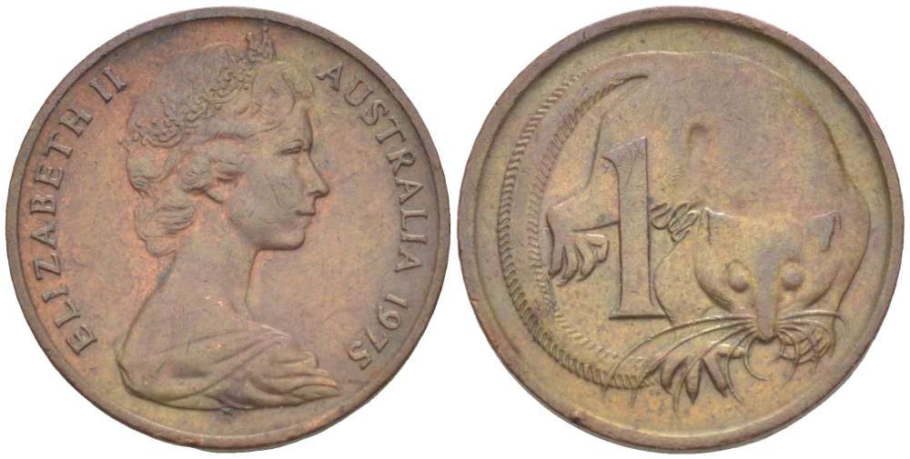 АВСТРАЛИЯ 1 ЦЕНТ 1975 ЕЛИЗАВЕТА II (1952-) МОЛОДОЙ ПОРТРЕТ, ОПОССУМ KM 62 бронза 4516-633