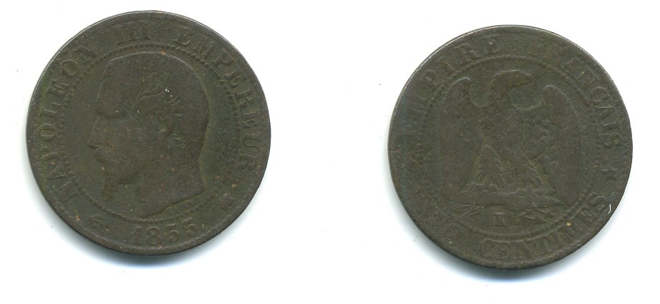 ФРАНЦИЯ 5 САНТИМОВ 1855 K, НАПОЛЕОН III (1852-1870) KM 777.5, LE FRANC 116.25 бронза 84-533
