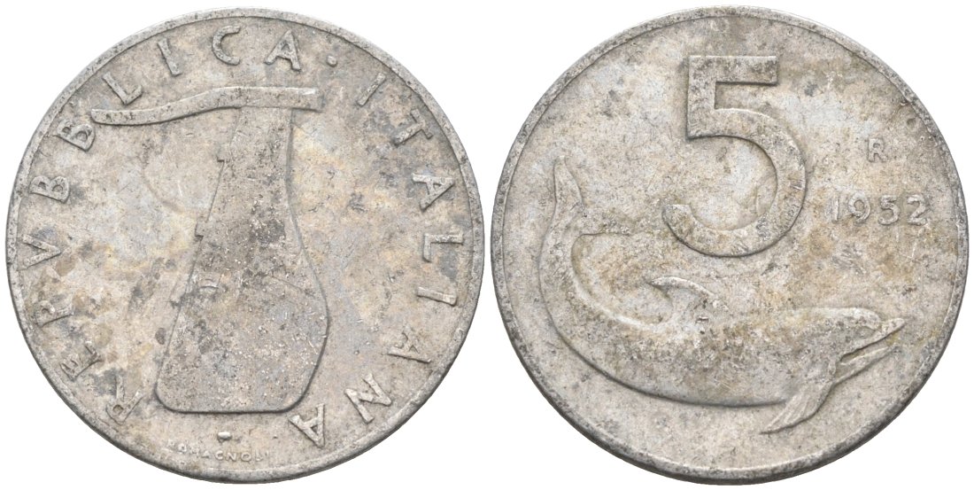 Италия 5 лир 1952 R, дельфин, руль KM 92 алюминий 4567-716