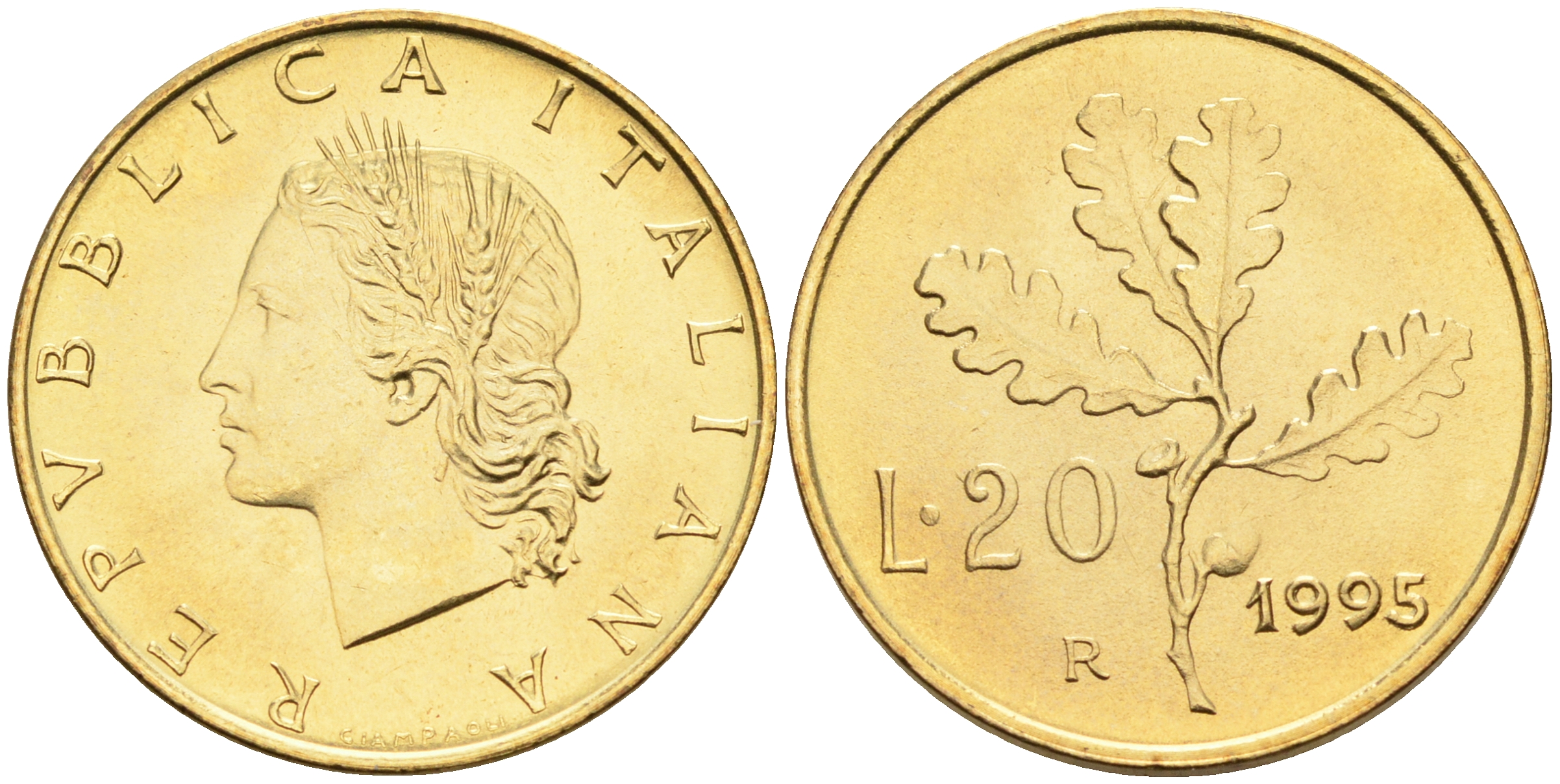 Италия 20 лир 1995 R, дубовый лист KM 97.2 алюминиевая бронза  UNC  4594-1017