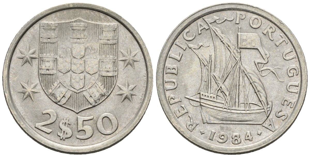 Португалия 2,5 эскудо 1984 парусник KM 590 медно-никель 4147-647