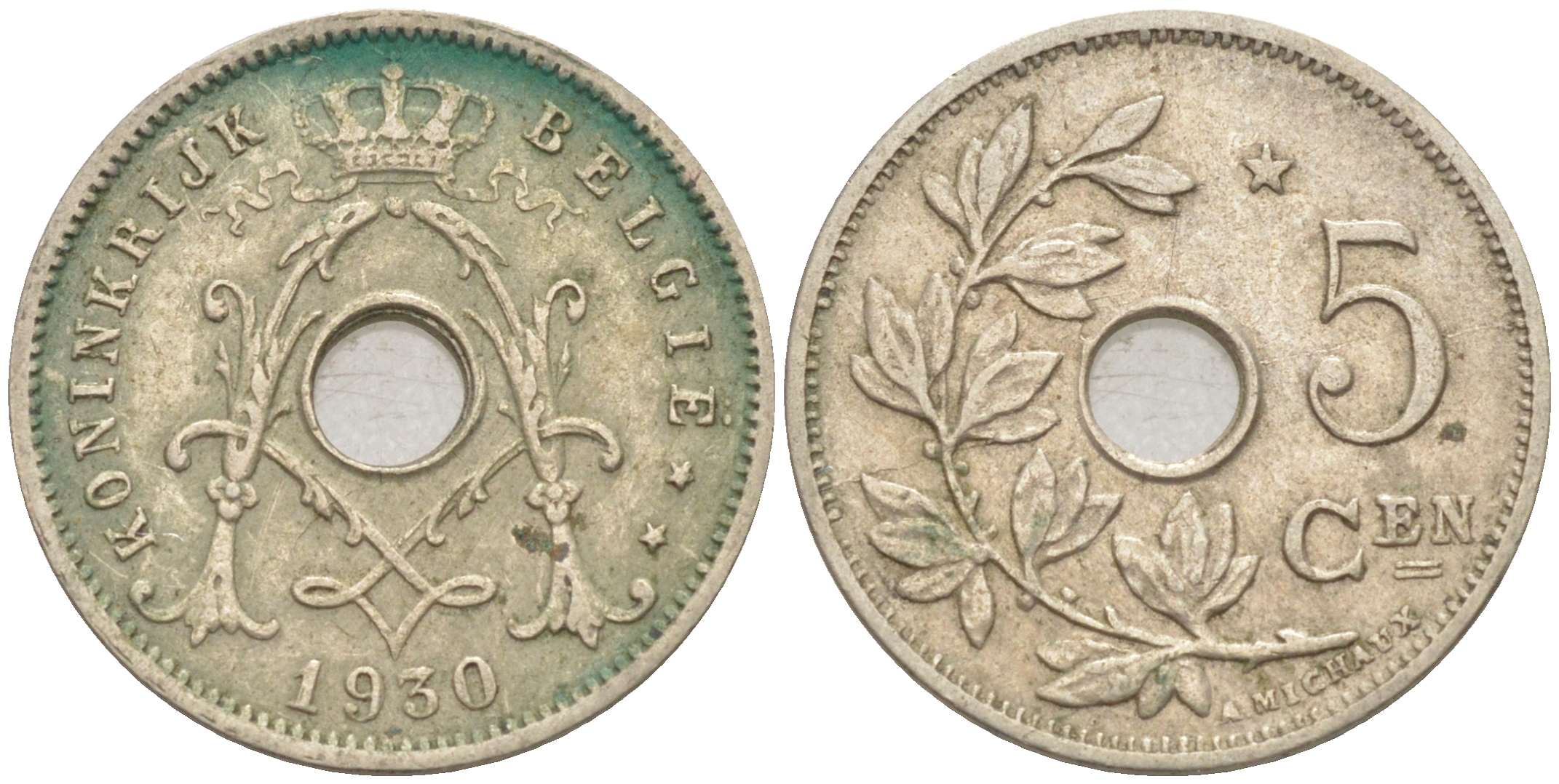 БЕЛЬГИЯ 5 САНТИМОВ 1930 BELGIE KM 94 никель латунь 187-959