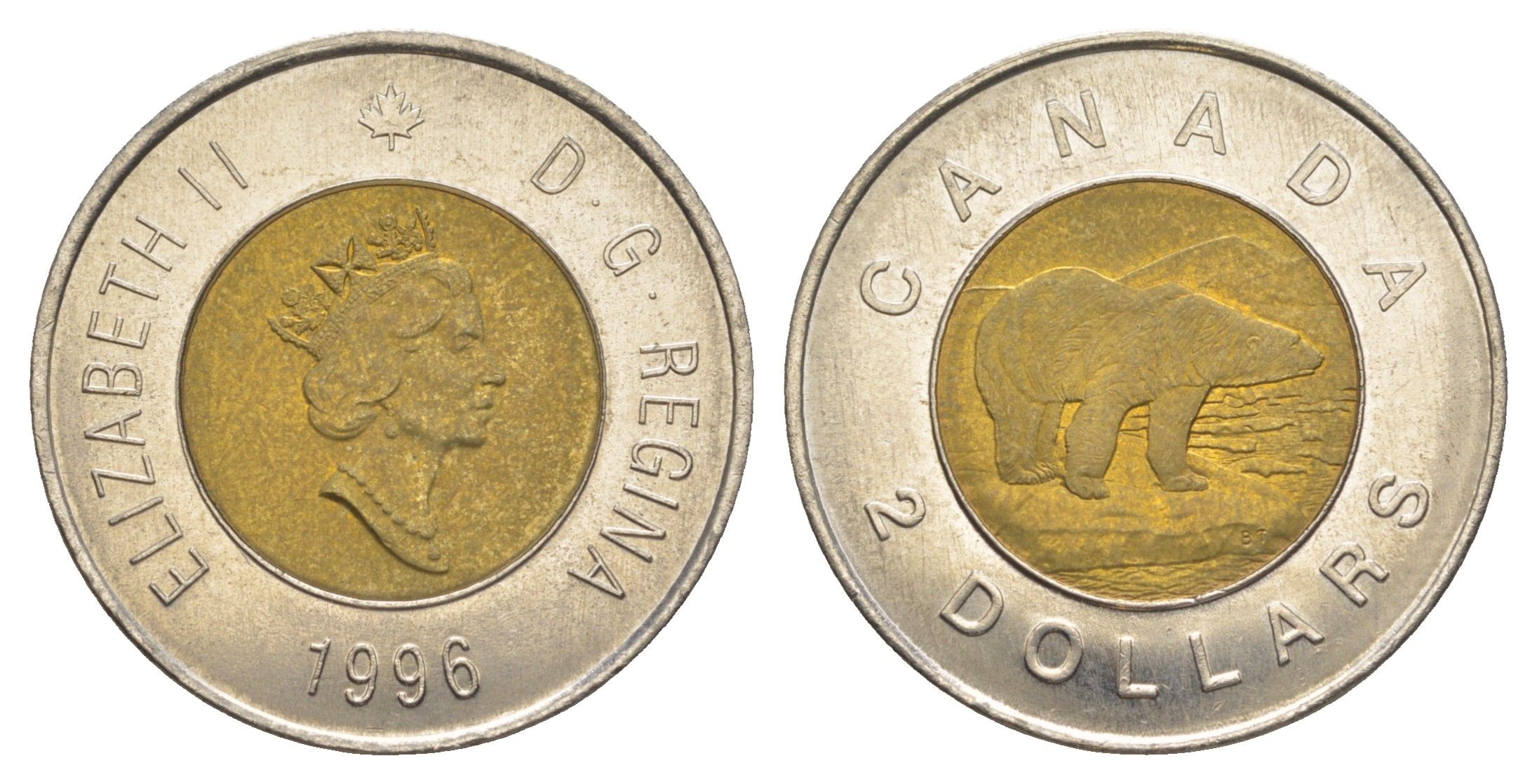 Канада 2 доллара 1996 Елизавета II (1952-2022), полярный медведь KM 270 биметалл UNC 4637-1016