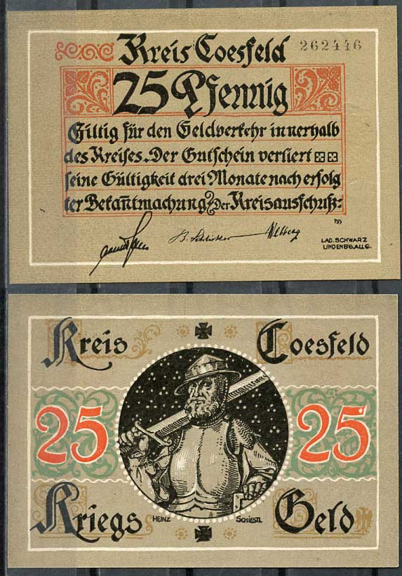Германия, Косфельд 25 пфеннигов 1918 нотгельд, 6 цифр в номере Tieste 1185.05.01 бумага UNC (пресс) 444-76-1-1