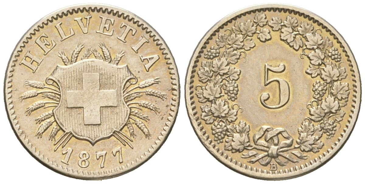 Швейцария 5 раппенов 1877 B, редкий год - тираж 978.000 экземпляров KM 5 серебро 1524-312