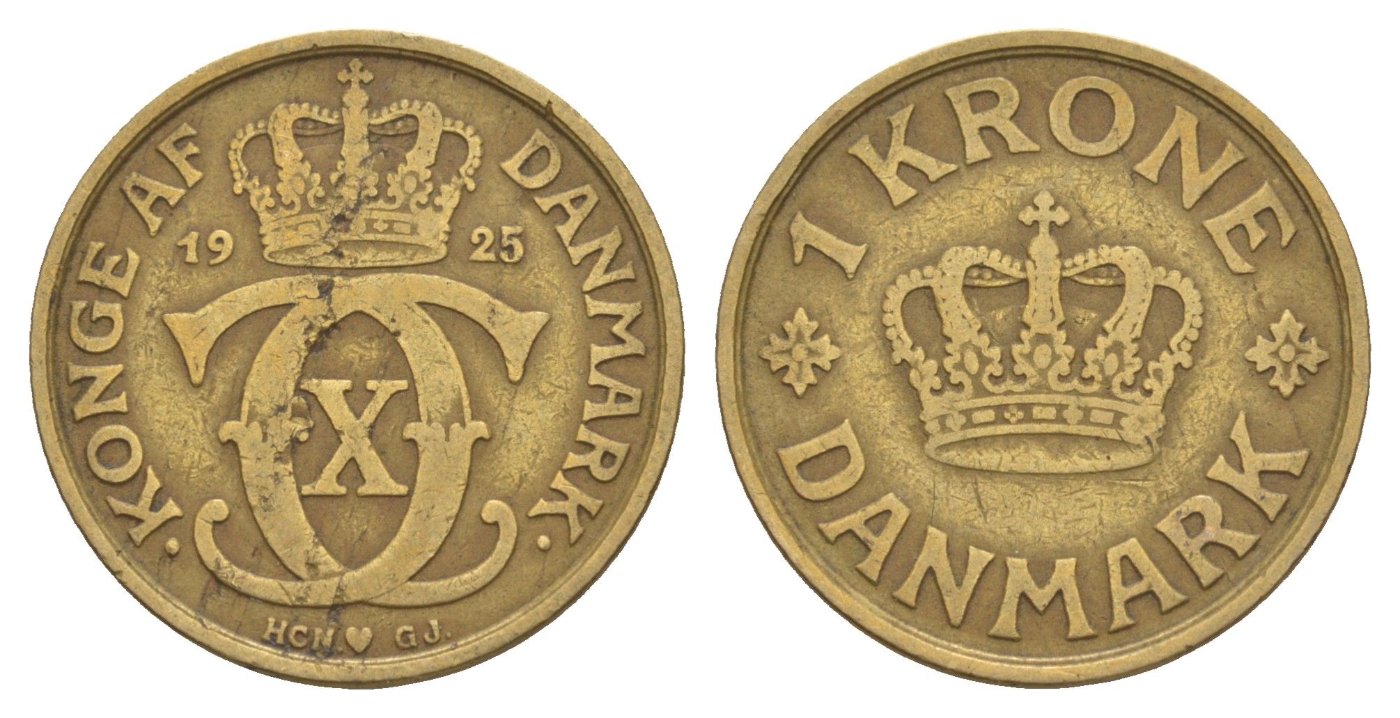 Дания 1 крона 1925 HCN, Кристиан X (1912-1947) KM 824 алюминиевая бронза 4657-334