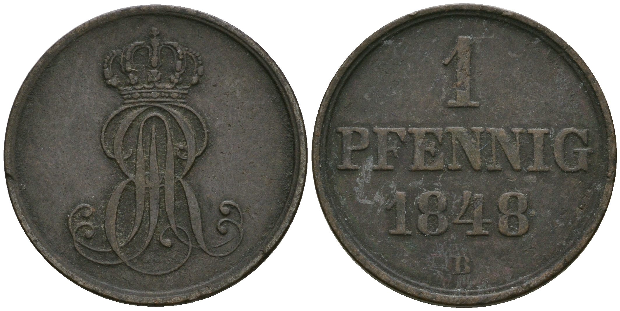 Ганновер 1 пфенниг 1848 B, Эрнст Август (1837-1851) KM 201.1, AKS 129, J. 74 медь 08-1367