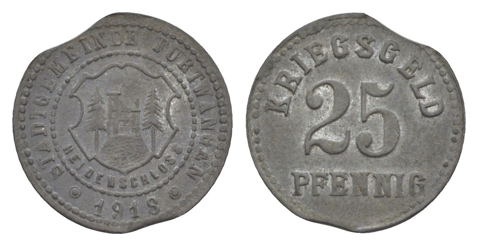 Фуртванген 25 пфеннигов 1918 брак чекан - выкус Funck 148.3, Men18 10731.3 цинк 1517-1144