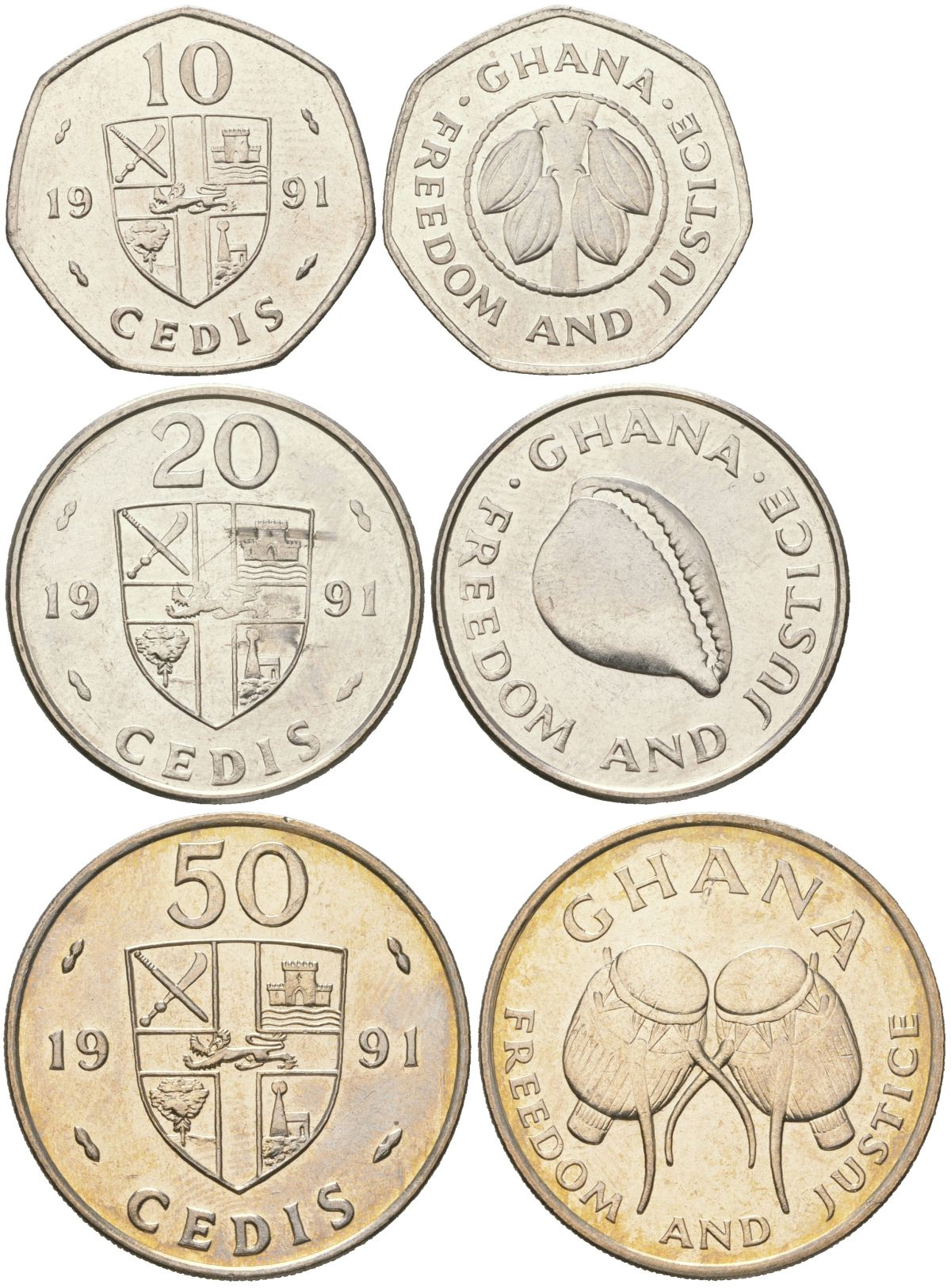 Гана набор из 3 монет (10, 20 и 50 седи) 1991 барабаны KM 29, 30 и 31 медно-никель, сталь плакированная никелем UNC 4612-756-757