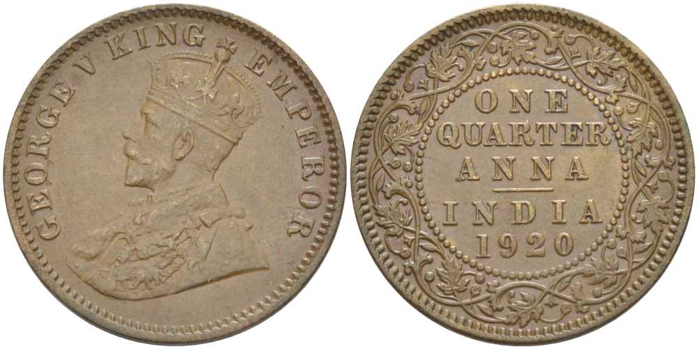 Британская Индия 1/4 анна 1920 Георг V (1910-1936) KM 512 бронза 117-935