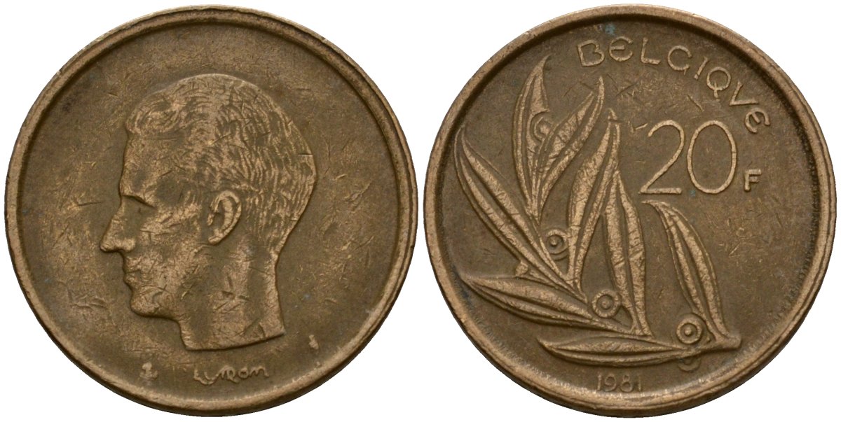 Бельгия 20 франков 1981 Belgique, Бодуэн I (1951-1993) KM 159 никель бронза 4601-342