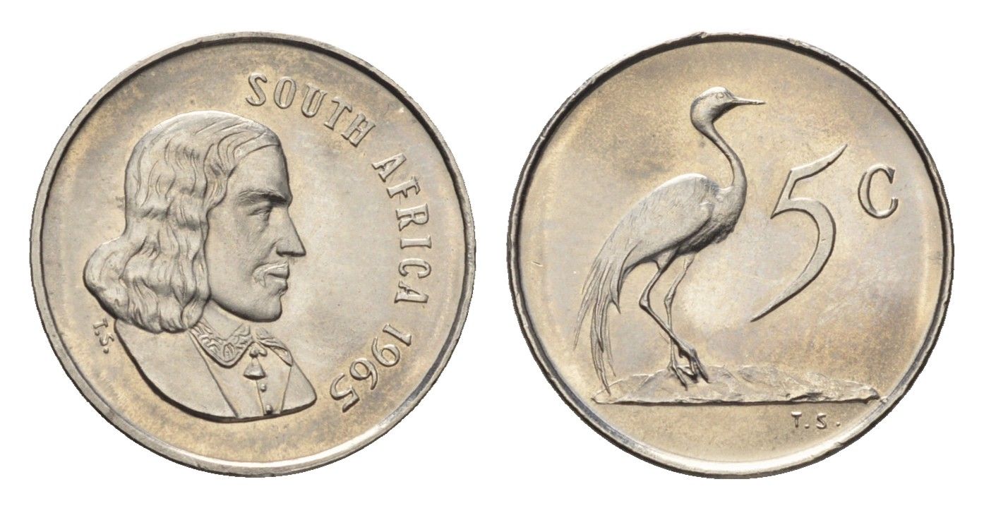 ЮАР 5 центов 1965 Ян ван Рибек (1619-1677), South Africa, легенда на англинском, райский журавль KM 67.1 медно-никель UNC 4690-938