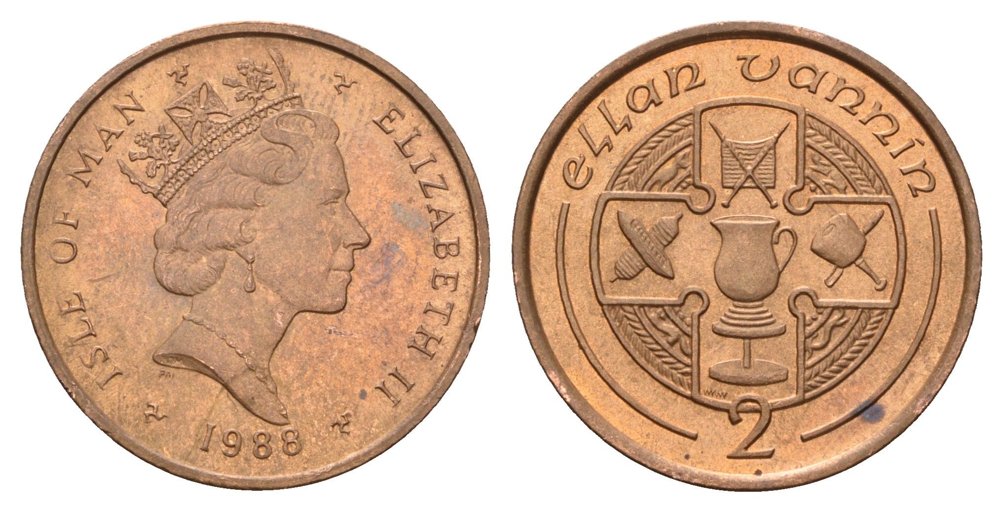 Остров Мэн 2 пенса 1988 Елизавета II (1952-2022) KM 208 бронза UNC 4121-1115
