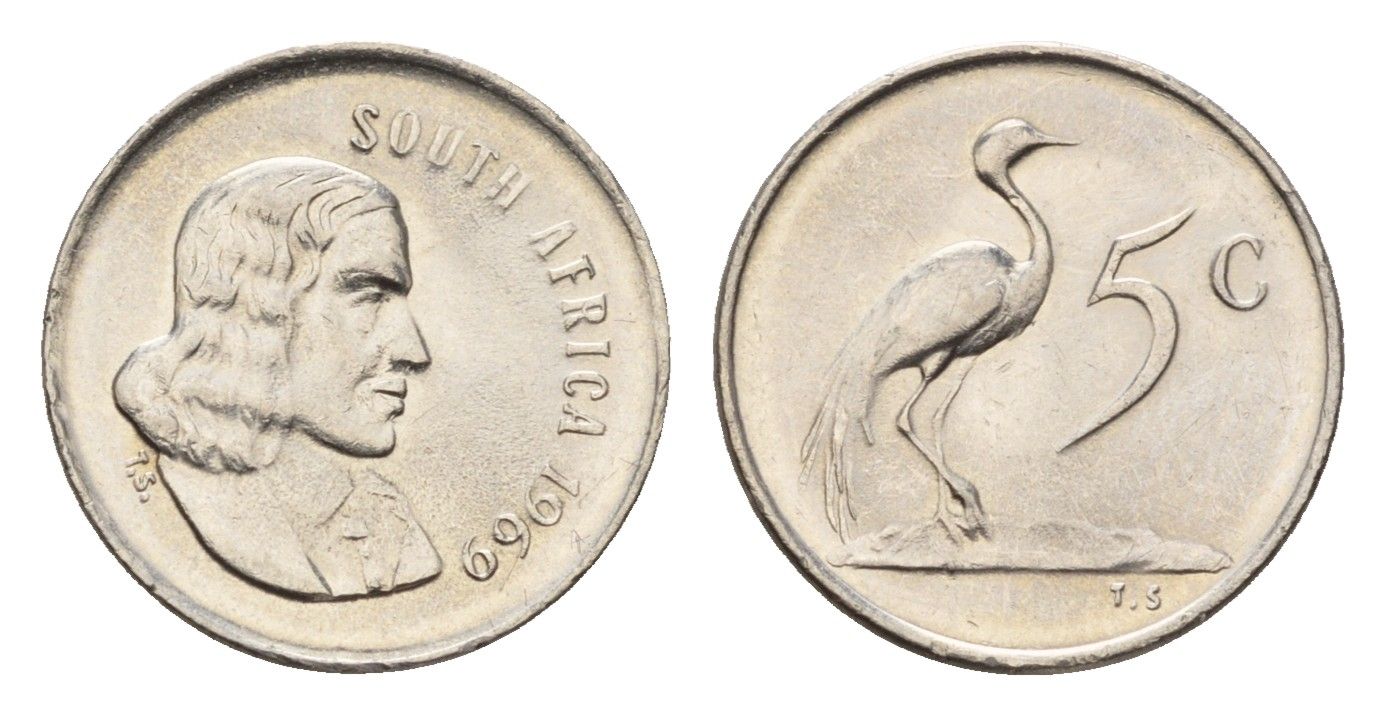 ЮАР 5 центов 1969 Ян ван Рибек (1619-1677), South Africa, легенда на англинском, райский журавль KM 67.1 медно-никель UNC 4643-142