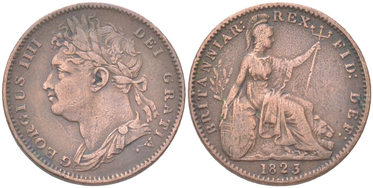 Великобритания 1 фартинг 1823 Георг IV (1820-1830) KM 677, Spink 3822 медь 4613-355