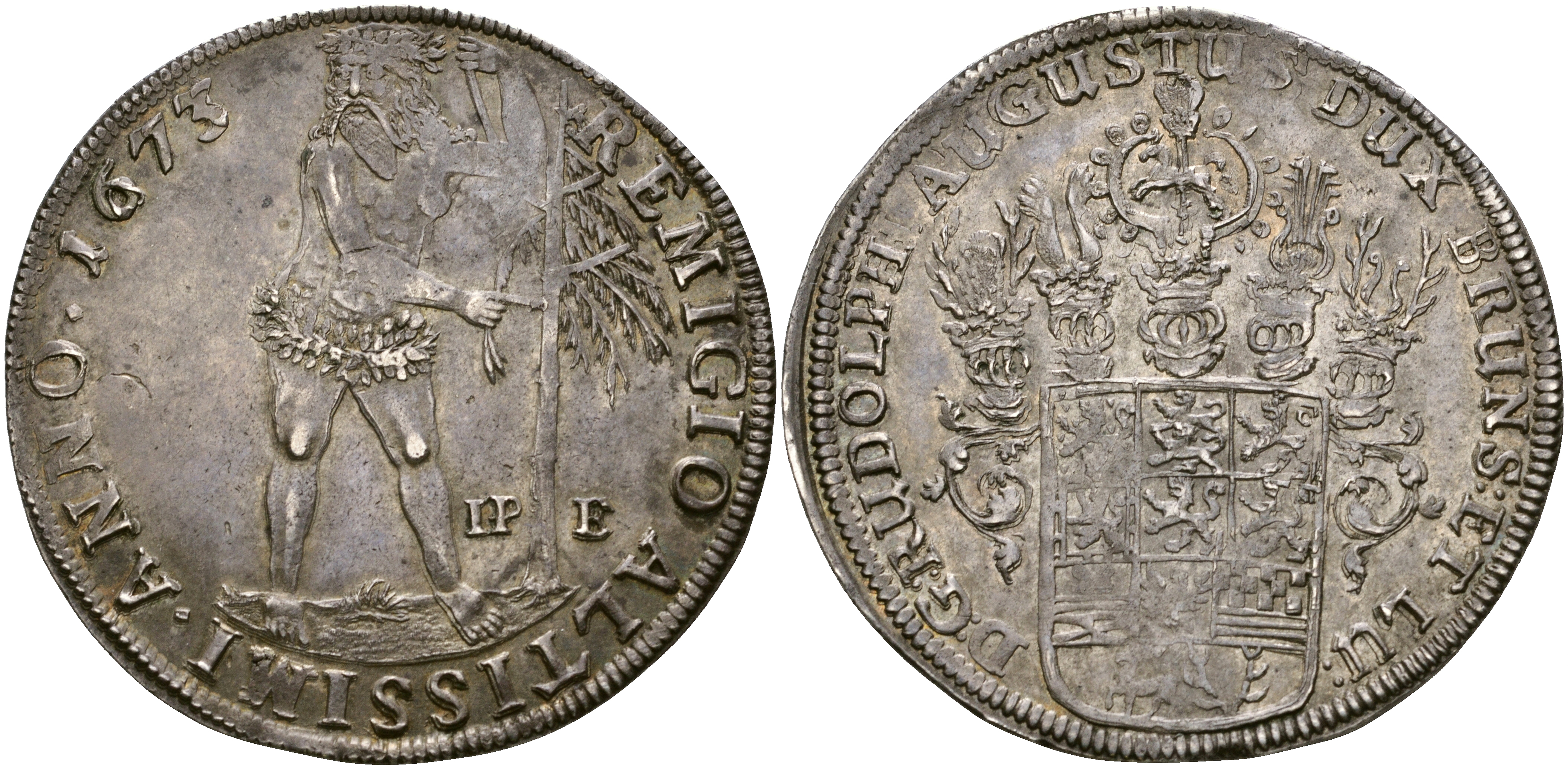 Брауншвейг-Вольфенбюттель 1 талер 1673 IPE, Рудольф Август Брауншвейг-Вольфенбюттельский (1666-1703), аукцион WAG 29, 2005 KM 502, Dav. 6379, Welter 1840 серебро    10-020-50