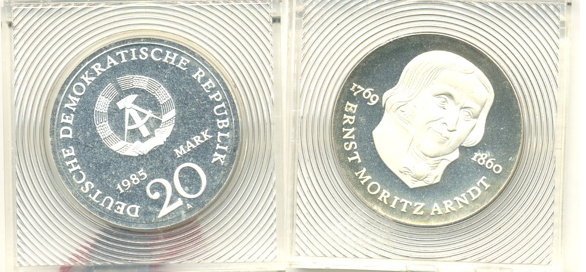 ГДР 20 марок 1985 А, 125 лет со дня смерти Эрнста Морица Арндта (1769-1860), тираж 4000 экземпляров, в оригинальной коробке с пломбой J.1605, KM 105 серебро PROOF 5-3-1-03
