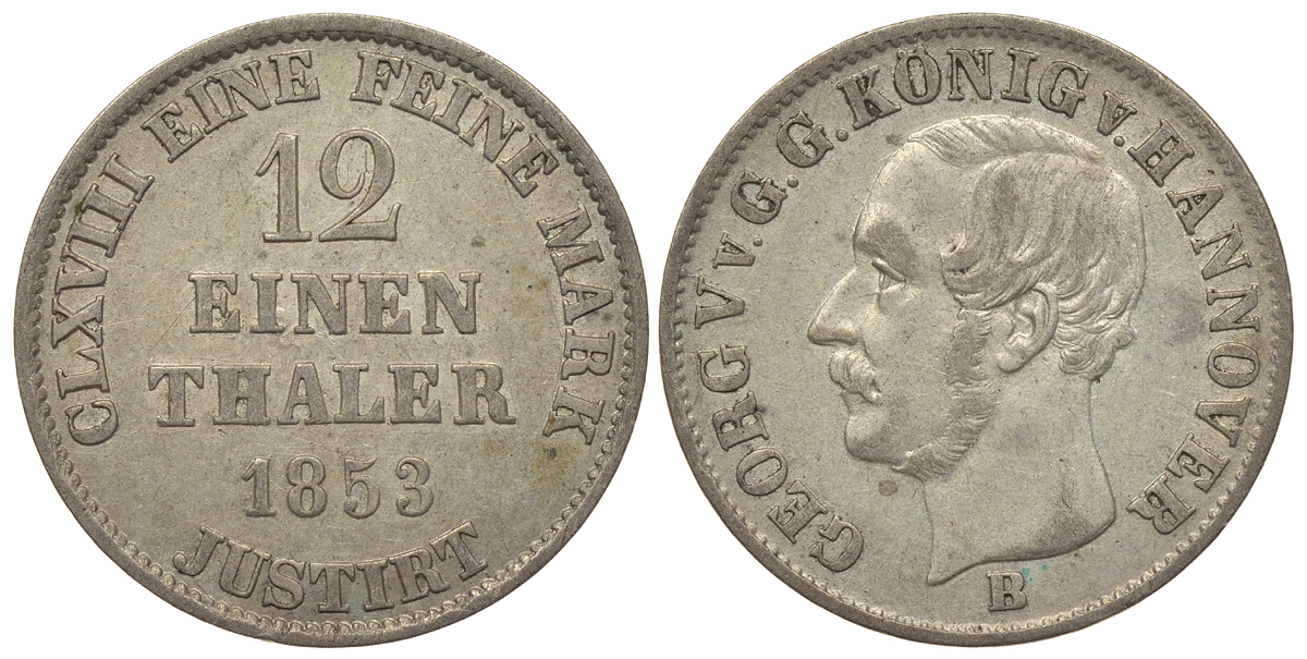 ГАННОВЕР 1/12 ТАЛЕРА 1853 B, ГЕОРГ V (1851-1866) KM 219 серебро UNC 413-6123