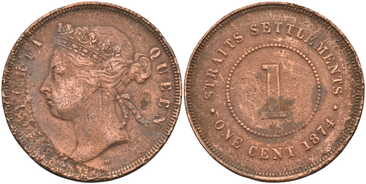 Стрейтс-Сетлментс 1 цент 1874 Виктория (1837-1901), Ост-Индская компания KM 9 медь 4590-411