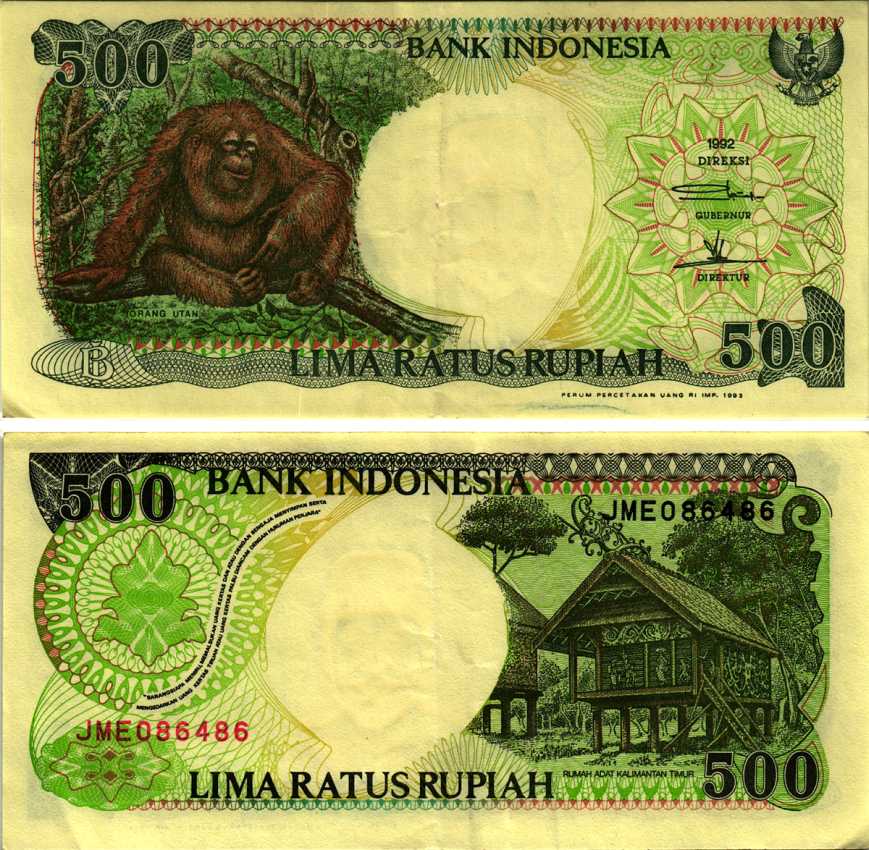 ИНДОНЕЗИЯ 500 РУПИЙ 1992/1993 ОРАНГУТАН Pick 128b бумага 6293-19-2-1
