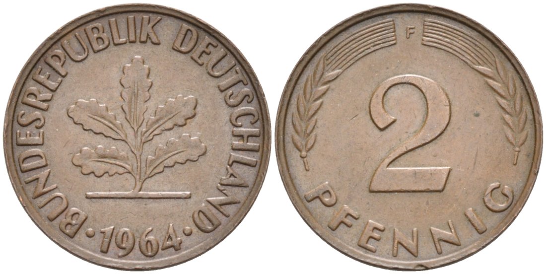 ФРГ 2 пфеннига 1964 F KM 106 бронза 4567-351