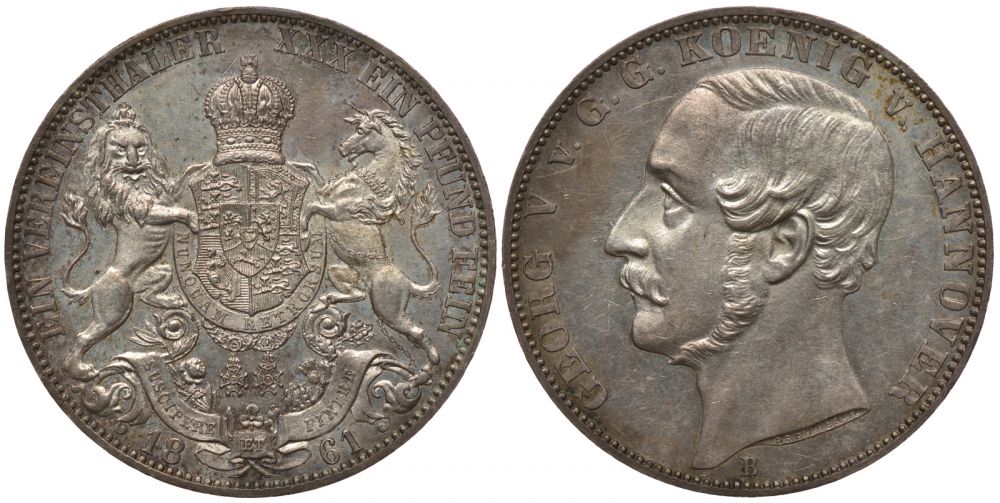 Брауншвейг-Каленберг-Ганновер 1 талер 1861 B, Георг V (1851-1866) КМ 230, AKS 144; Th.174; Kahnt 239 серебро 00-809-32