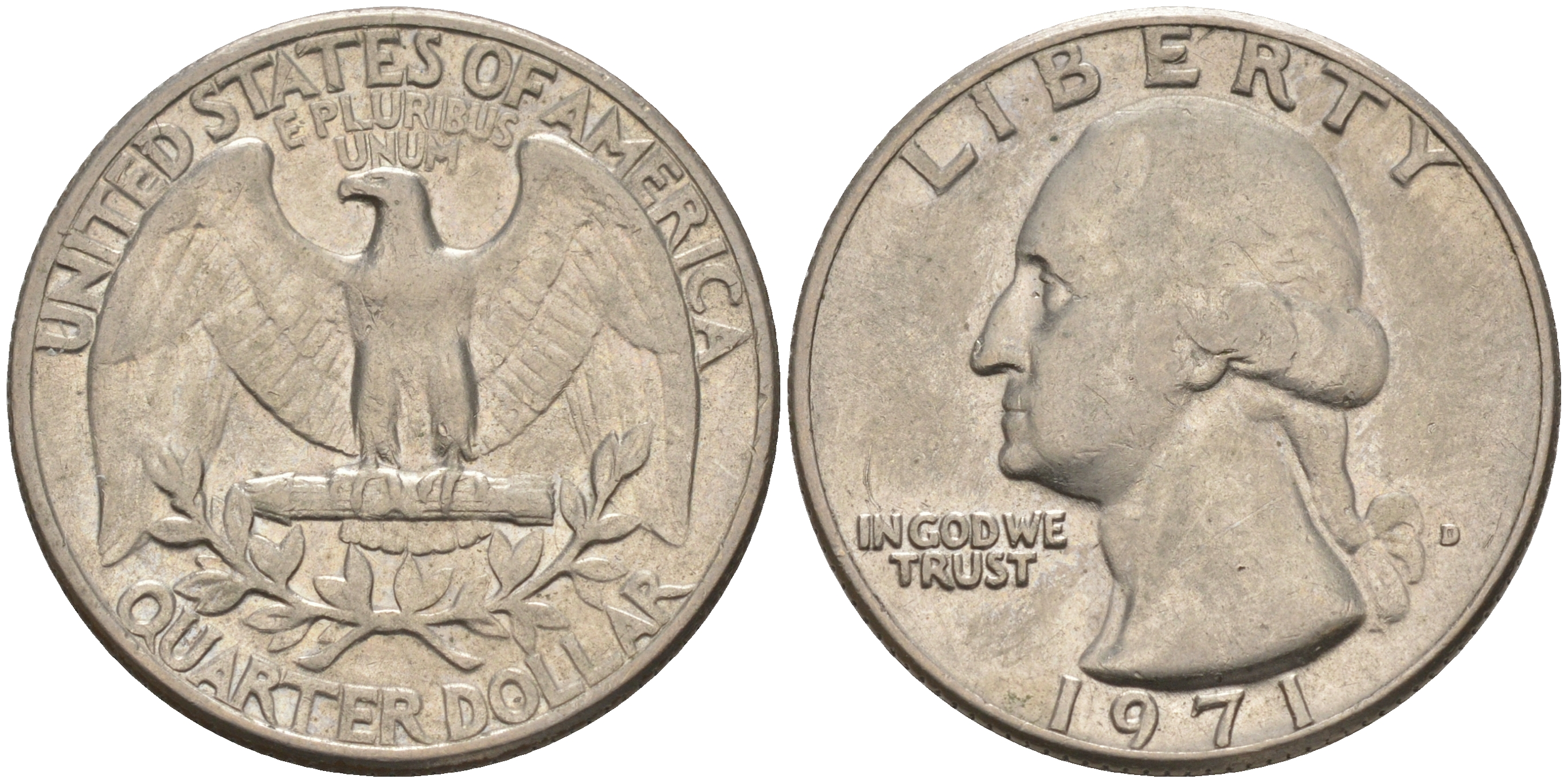 США 25 центов (квотер) 1971 D, Вашингтон KM 164a медь плакированная медно-никелем 4114-755