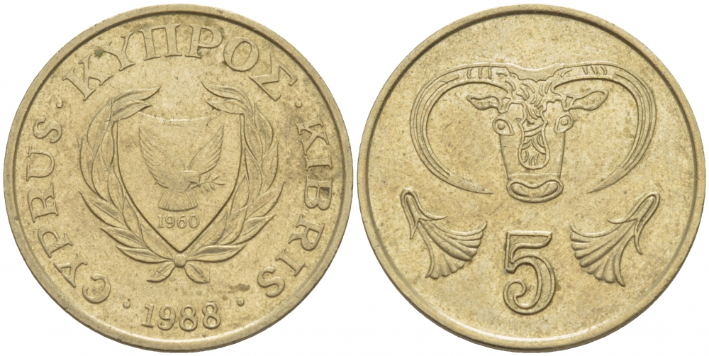 КИПР 5 ЦЕНТОВ 1988 ГОЛОВА БЫКА KM 55.2 никель латунь 212-1124