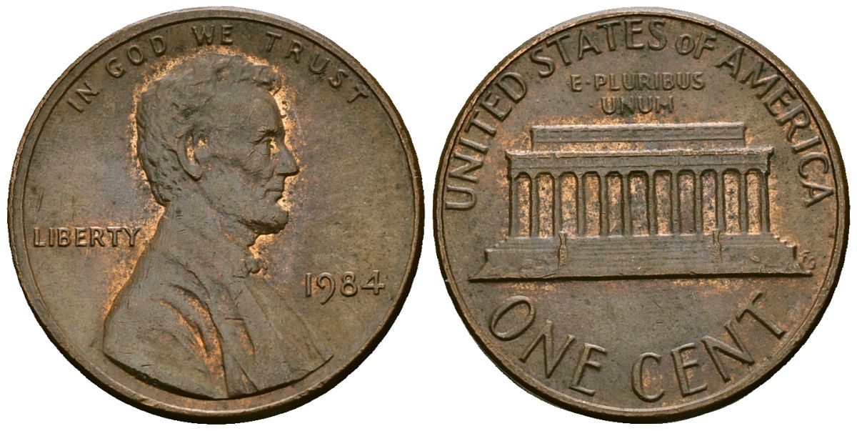 США 1 цент 1984 Линкольн KM 201b цинк плакированный медью 4136-249