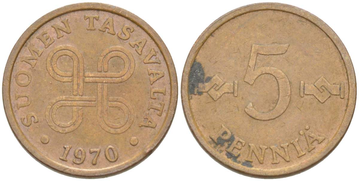 Финляндия 5 пенни 1970 KM 45 медь 4516-1261