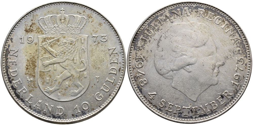 Нидерланды 10 гульденов 1973 25 лет правления королевы Юлианы KM 196 серебро UNC 1528-141