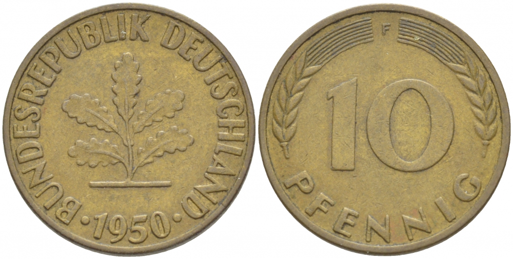 ФРГ 10 ПФЕННИГОВ 1950 F KM 108, J.383 сталь плакированная латунью 4539-915