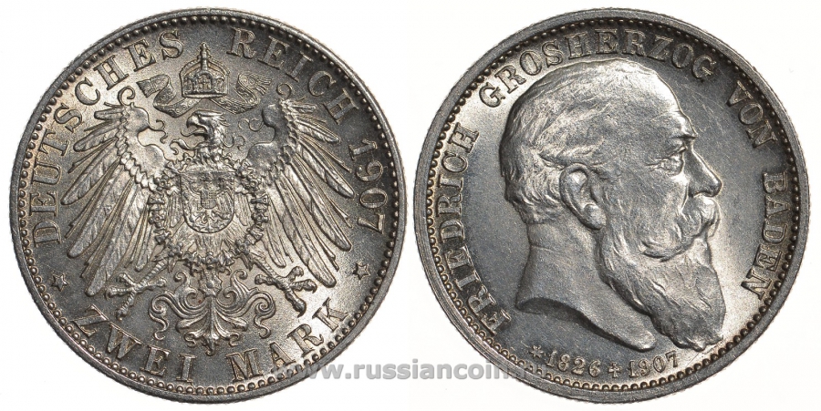 Баден 2 марки 1907 G, на смерть Фридриха I (1856-1907), Weege 36, J. 36, KM 278 серебро UNC 00-00-00