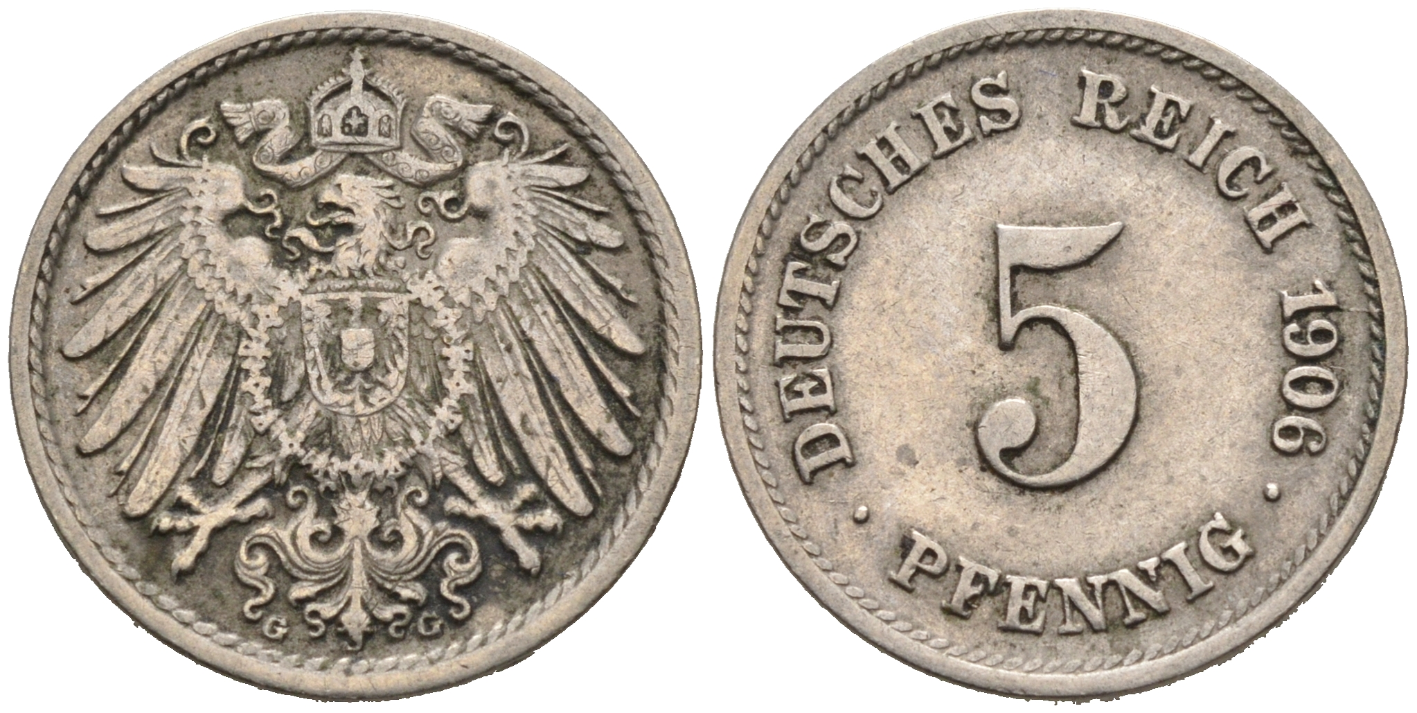 ГЕРМАНИЯ 5 ПФЕННИГОВ 1906 G, KM 11, J. 12 медно-никель 75-925