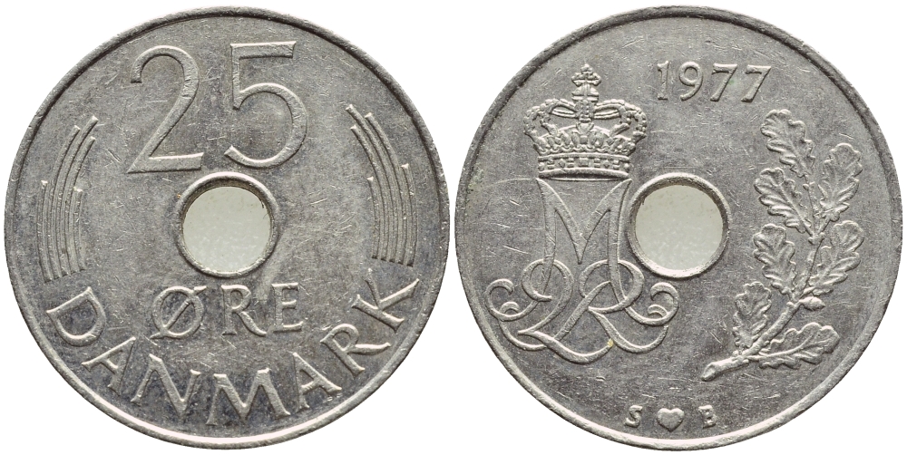 ДАНИЯ 25 ЭРЕ 1977 S; B, МАРГРЕТЕ II (1972-) KM 861.1 медно-никель 4397-217