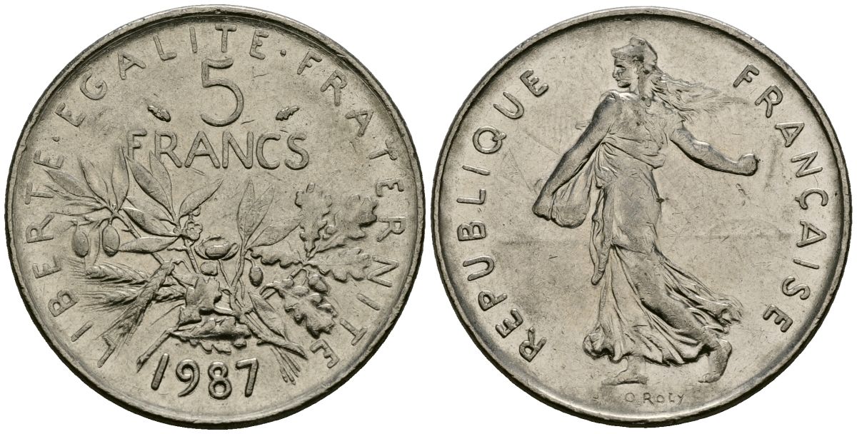 Франция 5 франков 1987 сеятель KM 926a.1, Le Franc 341.3 медно-никель плакированный никелем 4120-1241